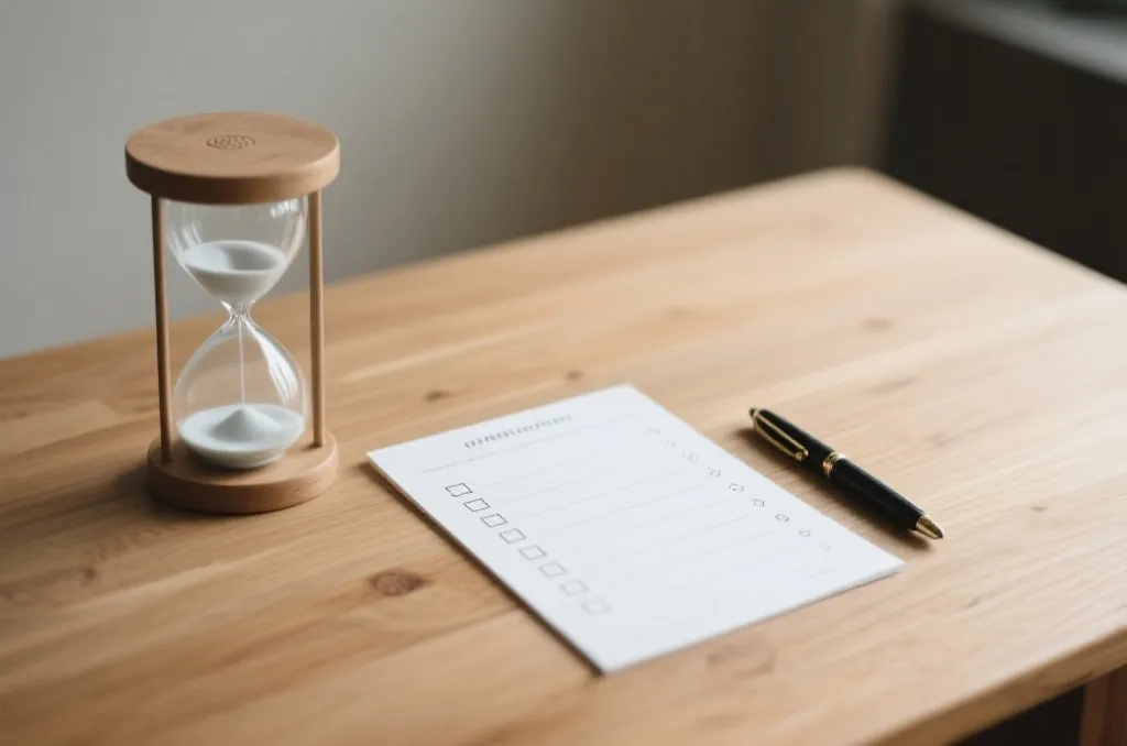 A wooden table with a glass hourglass on the left, a neatly organized checklist with a pen on the right. Calm and serene atmosphere, representing patience and planning.