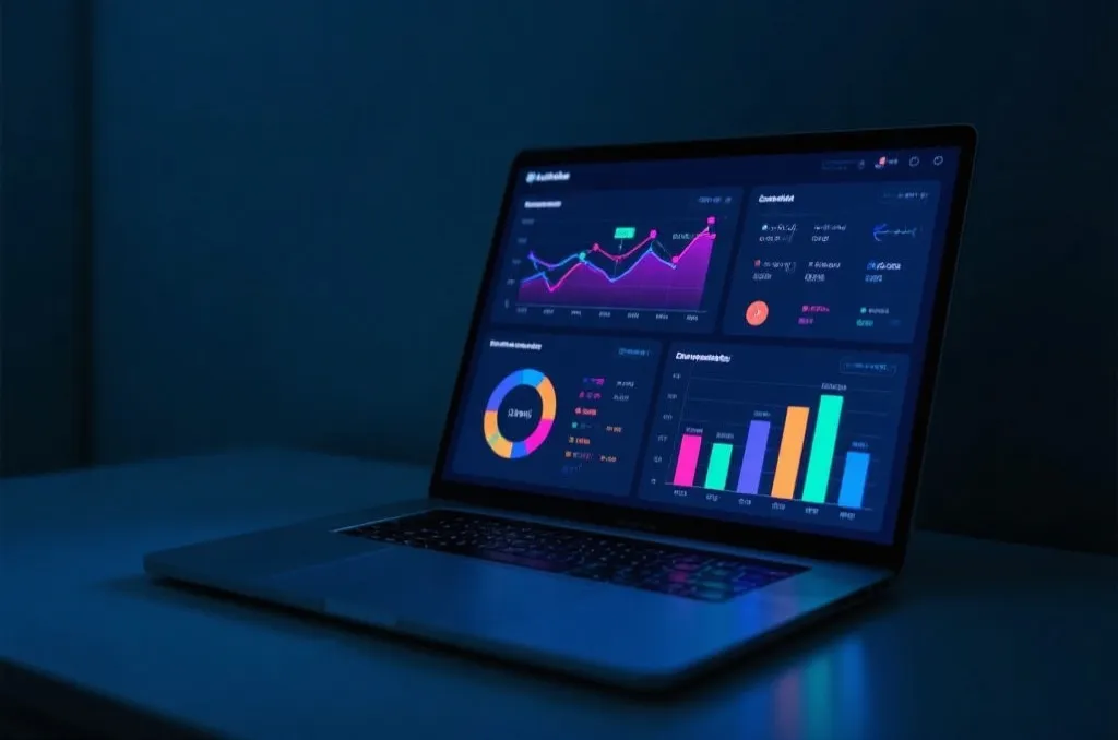 Glowing laptop screen showing data dashboards and analytical charts in a dark room
